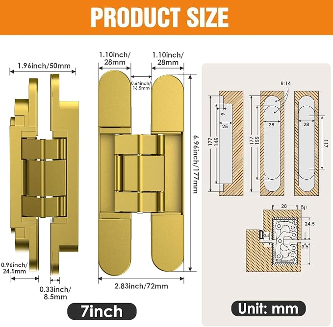 7" Hidden Door Hinge/Concealed Hinges,Invisible Hinges,Invisible Door Silent 180 Degree Swing Hinge 3-Way Adjustable Butt 7 x 2.8 x 1 (Golden, 7 inches)