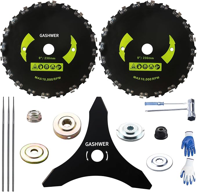 9" x 20 Teeth Brush Blades Carbon Steel Round Chainsaw 10" x 3T Cutter Weed Eater Blades- Universal Adapter Kit with 3 Round Files, Compatible with Brush Cutter Trimmer Weed Eater Husqvarna Stihl Ego