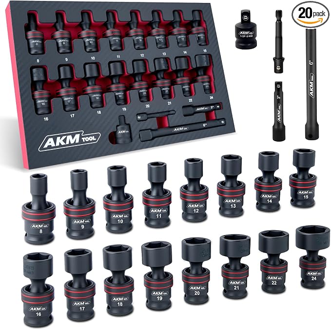 3/8" Drive Universal Impact Socket Set, 20 Piece Swivel Socket Set, Universal Joint Socket 6-Point, Metric, 8-24mm, Cr-Mo,with Extension Bars, Socket Adapter, Drill Bit Adapter