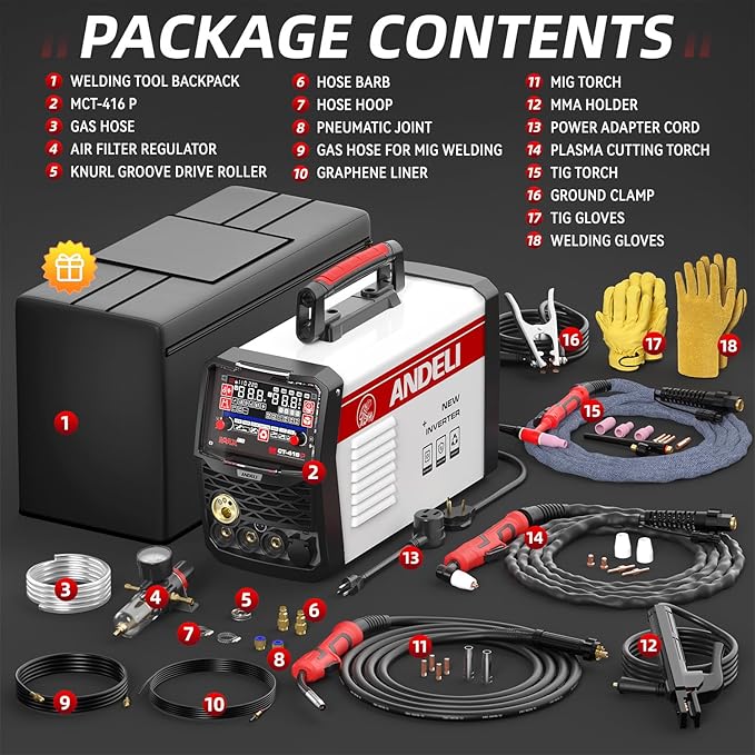 ANDELI Plasma Cutter Welder Combo，6-in 1 Pulse MIG/HF TIG/HF Cut/Stick/Flux Core Multifunctional Welder，110V/220V Dual Voltage Aluminium MIG Welding Machine,160A MIG/TIG/Stick & 40A Cut