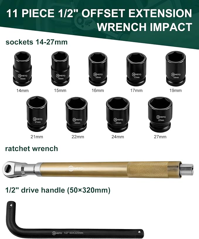 Gold 430mm offset Extension Ratchet Wrench Set, Impact Ready | Premium gold finish. Long reach manual ratchet for tight spaces. Compatible with electric impact guns for extra speed.