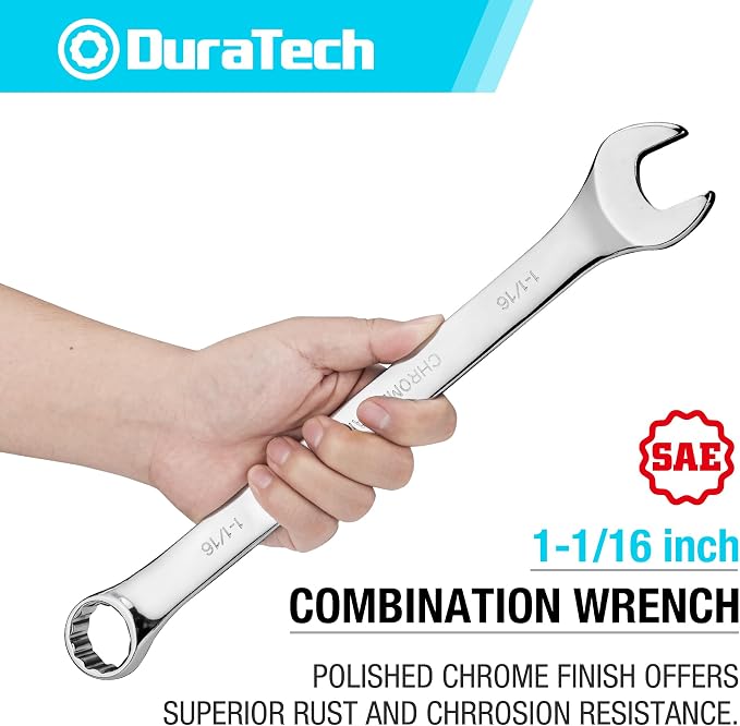 DURATECH 1-1/16" Combination Wrench, SAE | CR-V Constructed, Mirror Polish, 12-Point, 15-Degree Offset