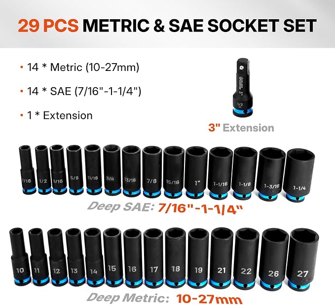 BLACK CANYON 29-Piece 1/2" Drive Deep Impact Socket Set, SAE & Metric 6-Point Sockets, Cr-Mo Impact Grade Steel, Includes 3" Extension Bar, Storage Case for Auto, Truck & Industrial Repair