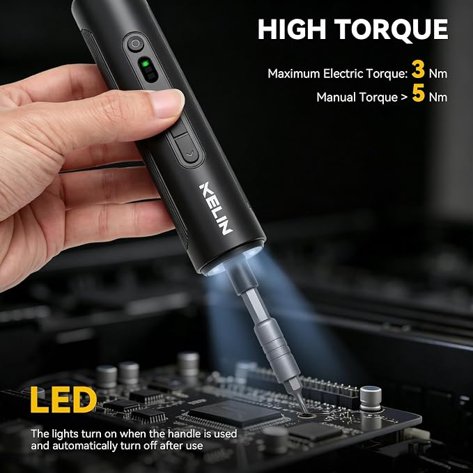 KELIN 44 in 1 Electric Screwdriver Set, 3 Torque Levels (1.2/2/3 N.m) + Manual 5 N.m, 1500mAh Battery, Type-C Charging, S2 Steel Bits, Repair Kit for iPhone PC Laptop Game Console Watch