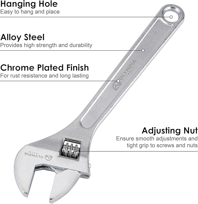 Olympia Tools 10" Adjustable Wrench, Heavy Duty Drop Forged Steel, Chrome Plated, Precision Machined Jaws, Rust Resistant