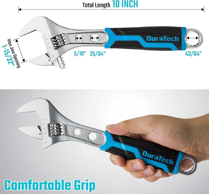 DURATECH 10 Inch Adjustable Wrench, 3-in-1 Spanner | Box End, Hex Function, CR-V Steel, Metric & SAE Scales, Chrome-plated, Bi-material Soft Grip