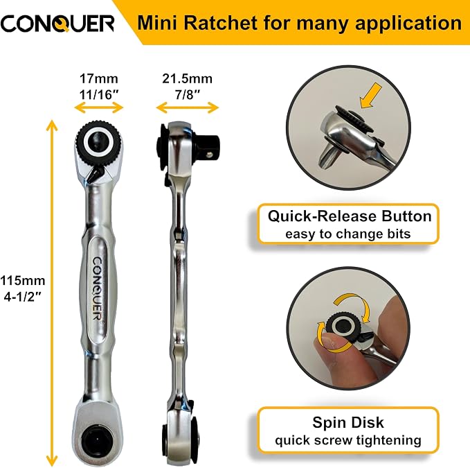 CONQUER 1/4" Mini Ratchet Wrench Low Profile Dual Head | Socket/Bit Driver, 72-Tooth, 5° Swing Arc, Ultra-Low Back Drag, Quick-Release Button; For Tight Engine Bays & EDC Kits