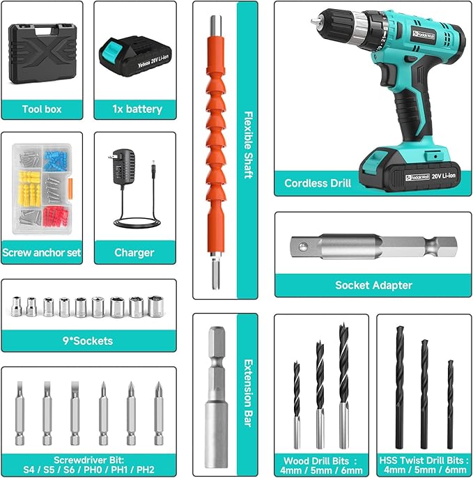 FADAKWALT Cordless Drill Set, 20V Electric Power Drill With Battery And Charger, 30N Torque, 21+1 Settings, 3/8-Inch Keyless Chuck, Driver Bits Kit, LED Light (Turquoise）