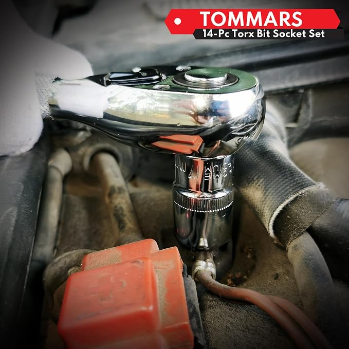 TOMMARS 14-PC Long Torx Bit Socket Set | T10, T15, T20, T25, T27, T30, T35, T40, T45, T47, T50, T55, T60, T70, 3/8", 1/2" Drive, S2 Alloy Steel