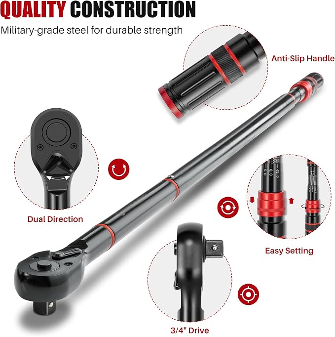 3/4" Drive Click Torque Wrench-150-1000Ft.Lb for Truck,HD Vehicles | Adjustable Inch Pound Torque Wrench(203-1355Nm), 48T Dual-Direction 3% Precision for Tractor Heavy Equipment Farms RV