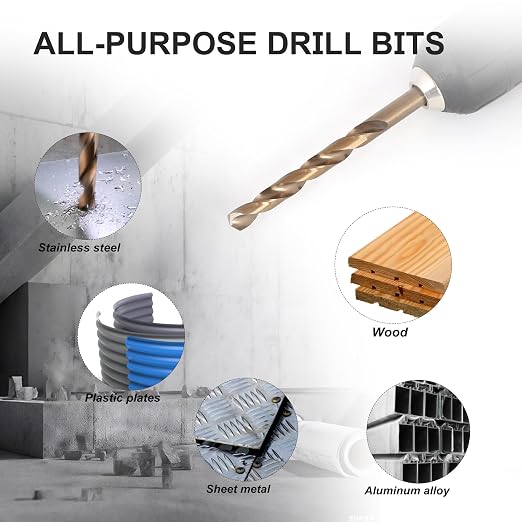 Cobalt Drill Bits, M35 HSS Drill Bit Set 15 Pcs, 135° Tip Twist Jobber Length Kit for Metal,Cast Iron,Stainless Steel,Plastic and Wood with Indexed Storage Case (1/16"-3/8")