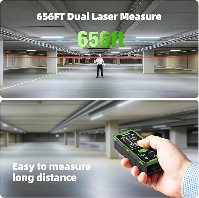 656ft/200M Dual Laser Distance Measuring Tool, Huepar Professional Rechargeable Digital Laser Room Measure Devices, Bilateral Metro Laser Measurement Tool with with Angle Sensor, Magnetic Back