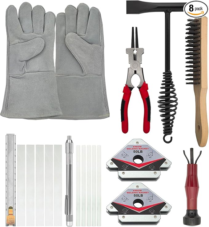 VASTOOLS MIG Welding Tools,8sets,Chipping Hammer,Leather Welding Gloves 13.5",Soapstone Holder,50LB Welding Magnet,Welpers Pliers 8",MIG Nozzle Reamer,Wire Brush