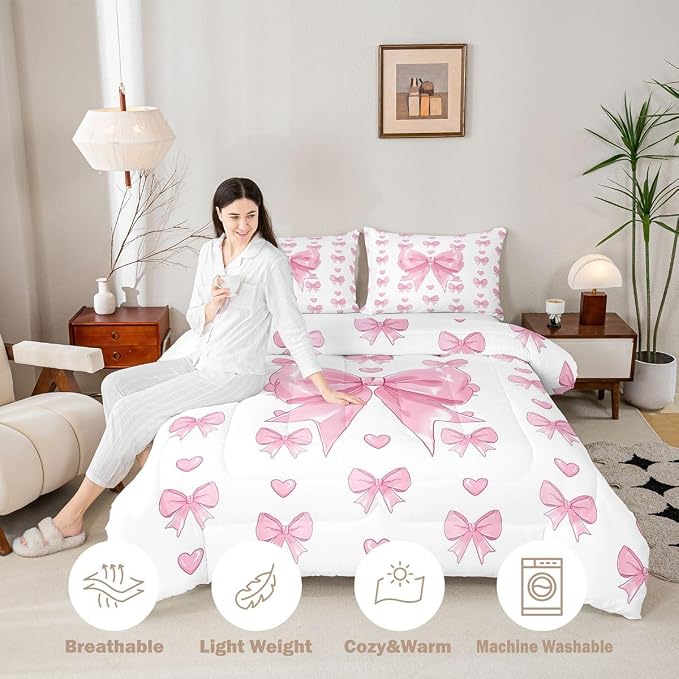 Feelyou Cute Pink Bow Bedding Set Soft for Boys Girls, Love Hearts Bowknot Comforter Set Queen Size Duvet Quilt Microfiber Bedroom Decor 3 Pcs with 2 Pillow Cases