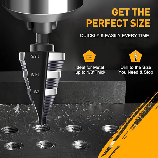 1/4 to 1-3/8 Inch Step Drill Bit, M2 High-Speed Steel Double Fluted Drill bits, Straight Grooved Step Drill Bit for Hole Drilling in Stainless Steel, Copper, Aluminum, Wood, Plastic