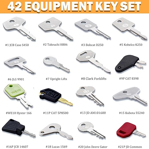 42 Heavy Equipment Key Master Set, Construction Machine Ignition Keys for CAT Caterpillar Volvo JCB JLG John Deere Hyster Komatsu Kubota Yanmar Daewoo Takeuchi Ford New Holland and More