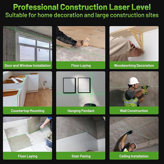 Huepar W04CG 4D Laser Level with Receiver for Outdoor or Longer Distance Use, Up to 400 ft, 4x360° Self Leveling Green Lazer Leveler Tool for Construction, Tiling, Framing, Drop Ceiling, Floor etc.