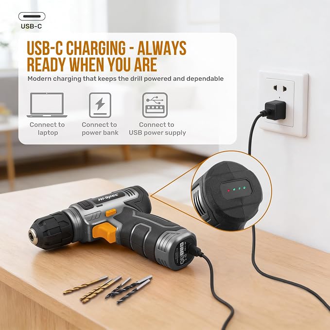 Hi-Spec 8V USB Power Drill Driver Screw Drill Bit Set. Cordless & Rechargeable Electric Drill Driver with Wall Hanging Kit,Gray