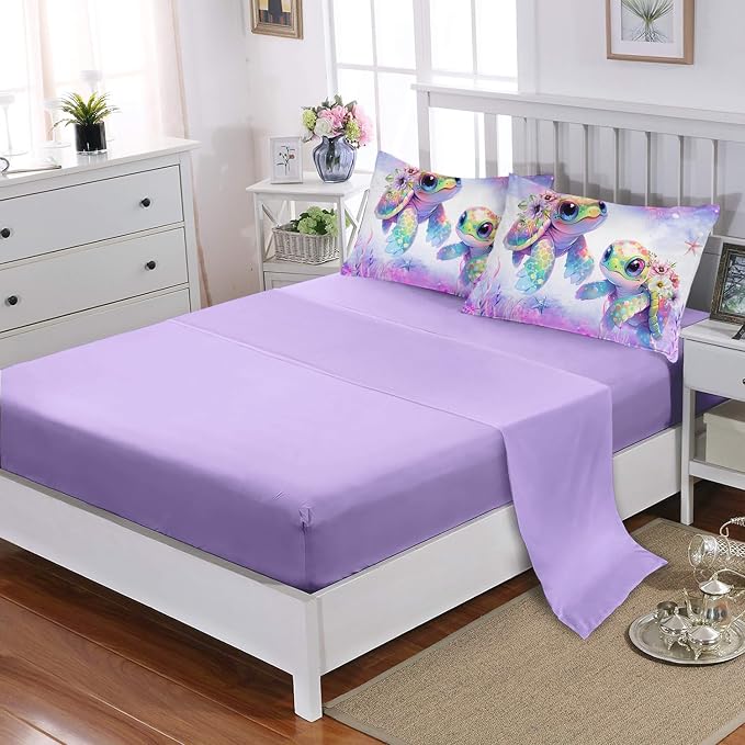 Sea Turtle Bedding Queen Comforter Set 7 Piece,Coastal Beach Themed Bed Set for Kids Girls Room Decor,Cute Bedding with 1 Comforter,1 Flat Sheet,1 Fitted Sheet,4 Pillowcases.