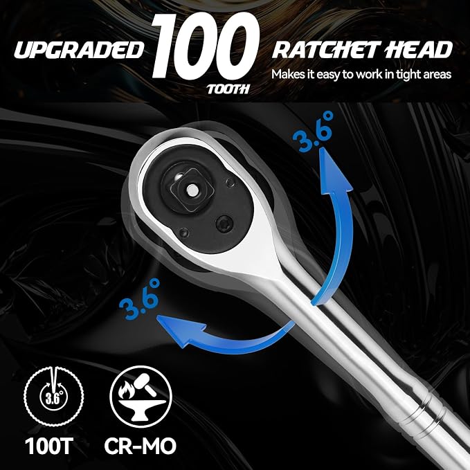 DISEN 3-Piece Standard Ratchet Set – 1/4", 3/8", 1/2" Drive with EVA Storage Tray | 100-Tooth Ratchet, Non-Slip Grip, Quick Release Button | Reversible Design with 3.6° Swing for Tight Spaces