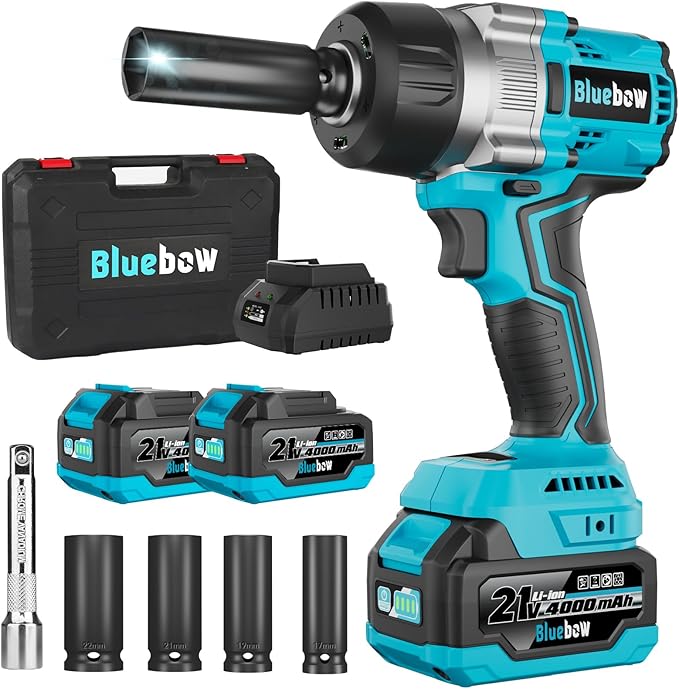1/2 Inch Cordless Impact Wrench, 900 Ft-lbs (1200 N·m) High Torque Brushless Impact Driver Gun, 2300 RPM, 2×4.0 Ah Batteries, LED Light, 4 Sockets, Variable Speed Power Tool for Car & Tire Removal