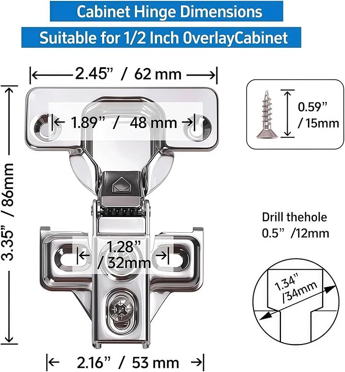 Cabinet Hinges - 24 Pack for 1/2 inch Overlay Cabinet, Face Frame Concealed 105Deg Self Closing Hinges, Stainless Soft Close Cabinet Door Hinges with Mounting Screws and Repair Plate