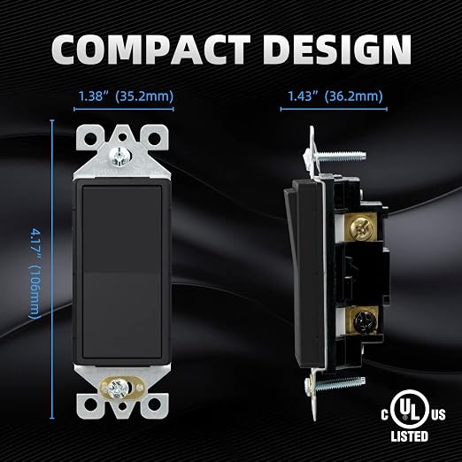 ELEGRP Matte Black 3 Way Decorative Light Switch, 15Amp, 120-277 Volt, AC Decorator Rocker Paddle Wall Switch Replacement, Self-Grounding, Residential and Commercial Grade, UL Listed (10 Pack)