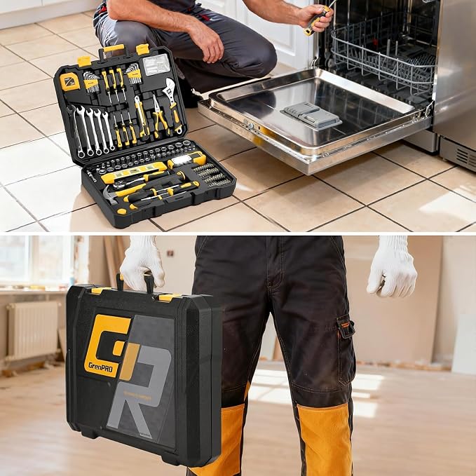 GRENPRO 219PCS Basic Home Auto Mechanic Hand Tool Kit with Storage Tool Box | Portable Tool Box, CR-V Steel, Complete Kit, Anti-Drop Slots, Household DIY, Auto Motorcycle, Home Garage For Men & Women