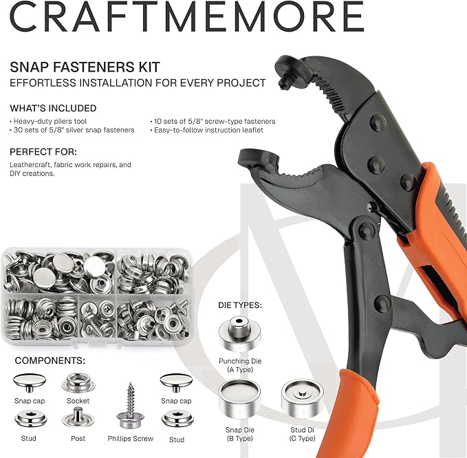 CRAFTMEMORE Heavy Duty Snap Fastener Kit, Adjustable Snap Setter Tool with 40 Sets Metal Snaps, Installation Tool for Boat Covers, Canvas, Tarps