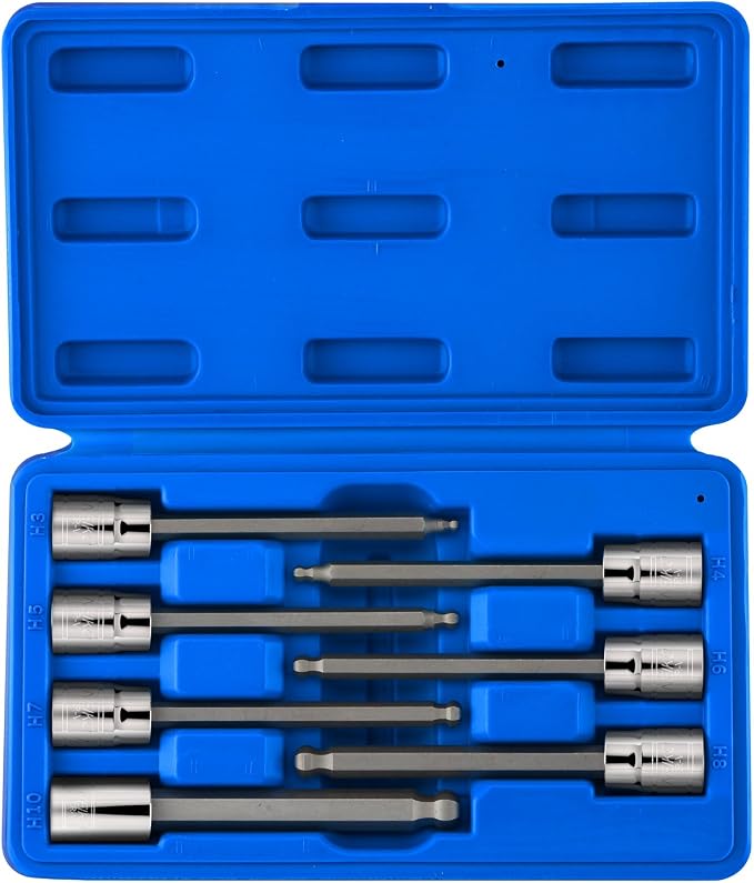 Neiko 10243A 3/8-Inch-Drive Extra-Long Ball-End Hex-Bit Socket Set, Metric Sockets 3/8" or 3 to 10 mm, S2 Steel, 7-Piece Set