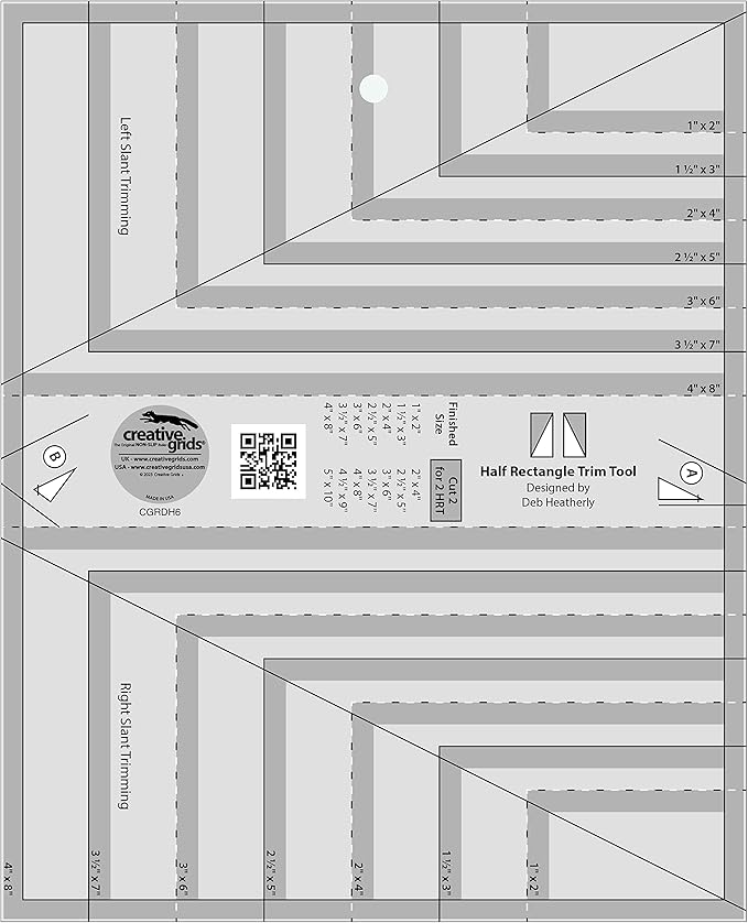 Creative Grids Half Rectangle Trim Tool Quilt Ruler – CGRDH6 – Made in USA, 8-1/2in x 10-1/2in, Non-Slip Grip Acrylic Quilting, Sewing, Crafting, Patchwork Ruler & Template