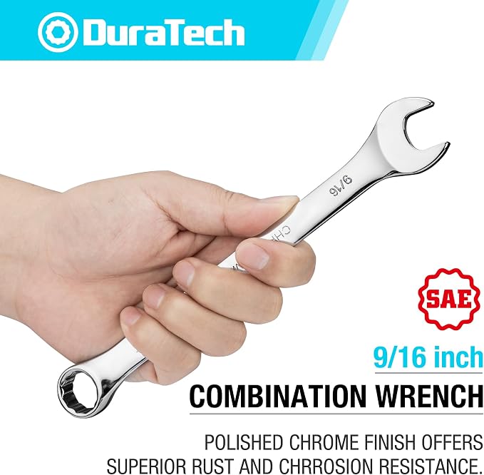 DURATECH 9/16" Combination Wrench, SAE | CR-V Constructed, Mirror Polish, 12-Point, 15-Degree Offset