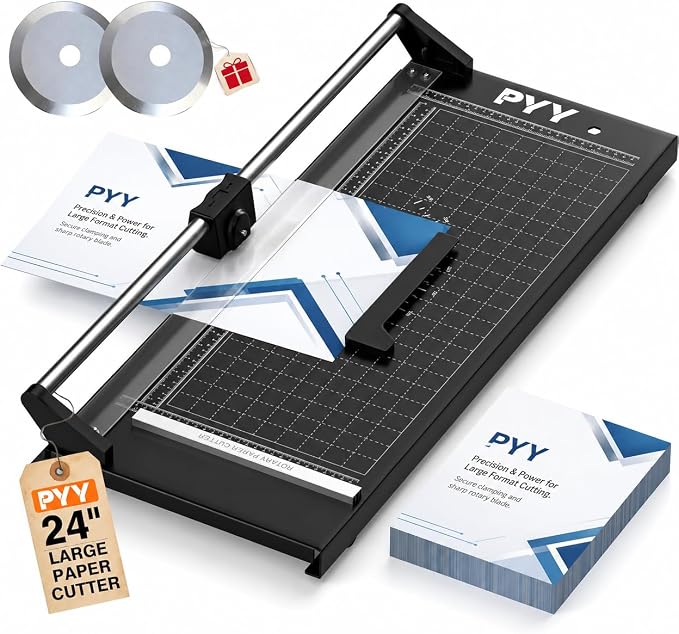 PYY Rotary Paper Cutter - Large Paper Cutter, 24 Inch Heavy Duty Trimmer with Self-Sharpening Blade & Measurement Grid for Cardstock, Posters, Photos - Studio & Office Use