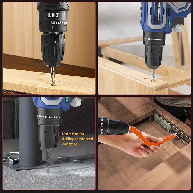 Cordless Drill with Battery and Charger, 20V Cordless Hammer Drill Kit, 28Nm Torque, 3/8" Keyless Chuck, 2-Speed for Home Repair and DIY Projects(2 batteries)