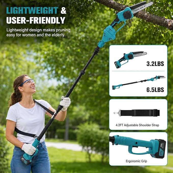 TNELTUEB 4-In-1 Cordless Pole Saw & Mini Chainsaw, 6"&8" Pole Saws For Tree Trimming with 15.6ft Extendable Pole, 180° Adjustable Angle, 1000W Brushless Motor, Electric Chainsaw with 2×4.0Ah Batteries