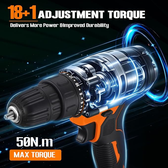 WORKBLESS 21V Power Drill Set, Cordless Drill with Batteries and Charger, 3/8'' Keyless Chuck, Variable Speed, 18+1 Torque Setting and 28pcs Bits Tool Set(Orange, 2 Batteries)