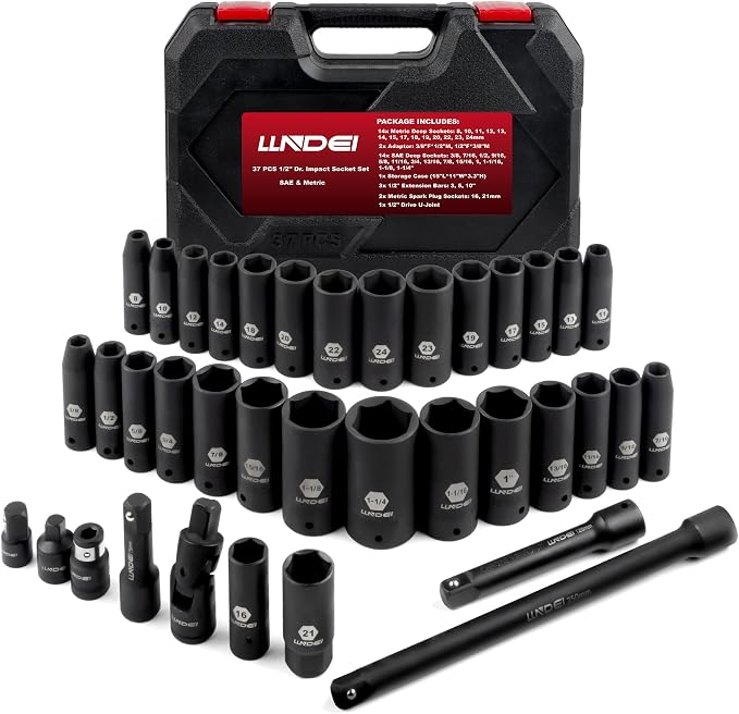 LLNDEI 1/2" Drive Deep Impact Socket Set 37Pcs SAE/Metric CR-MO | 3/8"-1-1/4" & 8-24mm, Spark Plug 16/21mm, Universal Joint & Extensions, for Auto, Truck & Heavy Equipment