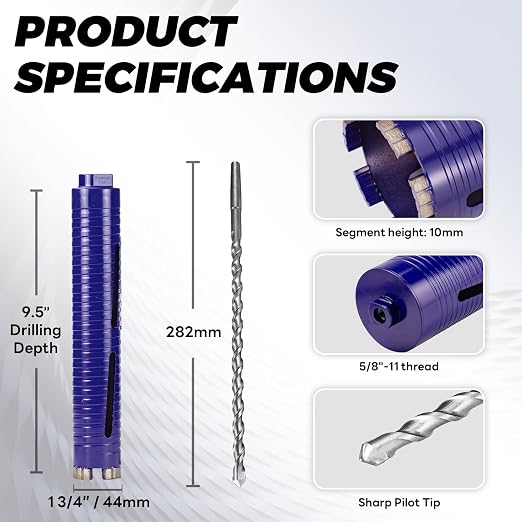 1-3/4" Core Drill Bit with Pilot Bit & Adapters(SDS Plus and 1/2" Hex), 5/8"-11 Thread, 9.5" Depth, Upgraded-Welded Segments Diamond Core Bits for Concrete, Masonry, Brick Block