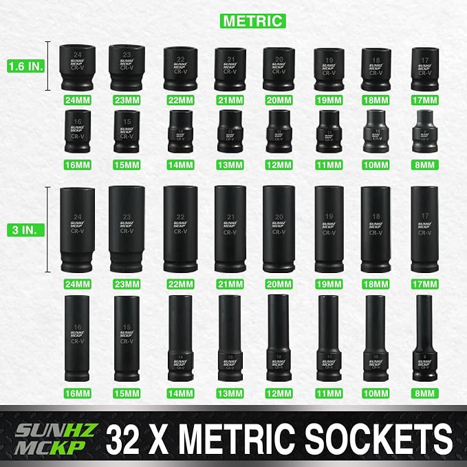 SUNHZMCKP 1/2" Drive Impact Socket Set, 66 Pcs Standard SAE (3/8"-1-1/4") & Metric (8-24mm), 6 Point Shallow/Deep Socket Kit with Ratchet Handle, Drive Extension Bar, Impact Universal Joint, Cr-V