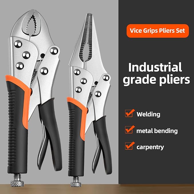 4-Pack Locking Pliers,Vice Grips Pliers Set 2PCS 10"Curved Jaw,2PCS 9-1/2" Needle Nose Vise Grips for welding,Metal Bending,Woodworking,Ergonomic Handle