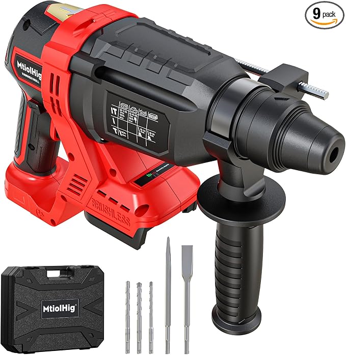 MtiolHig 1" SDS-Plus Cordless Rotary Hammer Drill Compatible with Milwaukee 18V Battery, 3J Impact Energy Brushless Motor, 7-Speed Variable 4-Mode with 5 Chisel/Bit Set for Concrete/Masonry, Tool Only