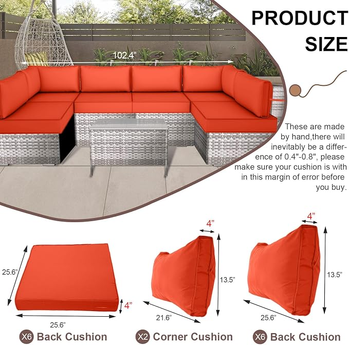 14 Piece Outdoor Furniture Replacement Cushions, Cover+Filling, 25.6" x 25.6" x 4" Foam Waterproof Outdoor Sofa Cushion Sets, Fit Wicker Rattan Sectional Conversation Set, Orange