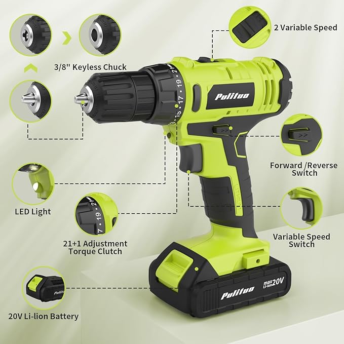 PULITUO 20V Max Cordless Drill/Driver Set with Storage Bag, 2 Batteries, 30Nm, 21+1 Torque, 2 Speed, Keyless 3/8" Chuck, LED Light, Electric Screwdriver Function, Home Kit (Green)