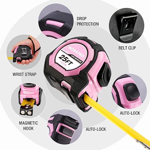 WORKPRO Pink Auto-Lock Tape Measure, 25FT 1/8 Fractions Easy Read Measuring Tape, Double Retract Measurement Tape Accuracy 1/32 for Engineer,with Magnetic Hook, Rubber Protective Casing - Pink Ribbon