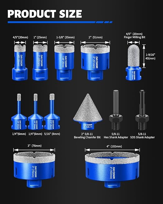 DAYDOOR Diamond Hole Saw Kit, 13-Piece Tile Hole Saw Kit 1/4" 5/16" 4/5" 1" 1-3/8" 2" 3" 4",Vacuum Brazed Core Drill Bits for Porcelain Tile, Granite, Marble, Stone(Blue)
