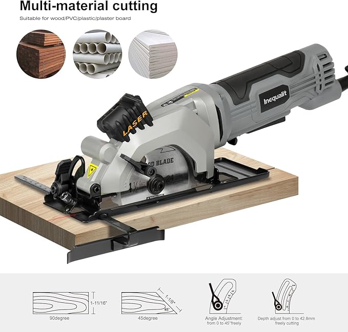 Mini Circular Saw, 4Amp 3500RPM Corded Compact Saw with 4-1/2" 24T TCT Blades, Laser Guide, Rip Guide, Vacuum Adapter and Blade Wrench, Max Cutting Depth 1-11/16"(90°), 1-1/8"(45°）