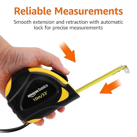 Amazon Basics Self-Locking Tape Measure with Belt Clip, 33 feet (10 m), Inch/Metric Scale, MID Accuracy, Black, Yellow