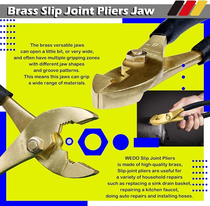 WEDO 2PCS Brass Pliers Set - 6" Slip Joint Pliers, 6" Adjustable Combination Pliers with Non-Slip Handle,For Gripping, Loosening Nuts and Bolts, Cutting Steel Wire,Die-Forged,Corrosion Resistant