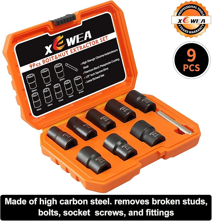 XEWEA 9PCS Lug Nut Extractor Set, 1/2" Drive Impact Bolt Nut Socket Remover | Impact Wheel Lock Removal Kit, Easy Out Extractor Set for Damaged, Frozen, Rusted, Rounded-Off Bolts Nuts,CR-Mo
