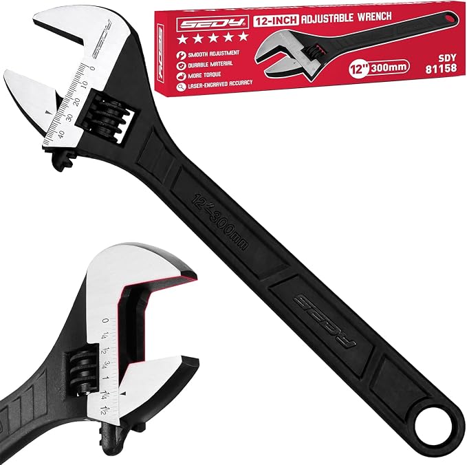 SEDY 12-Inch Adjustable Wrench, Black Oxide Finish Wide Jaw Spanner with Inch/Metric Scale, Premium Drop Forged Steel for Automotive Plumbing and Household Repairs